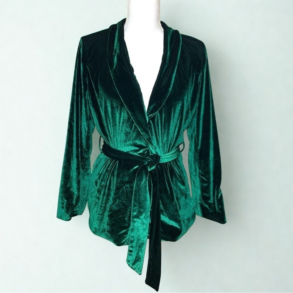 Charlie Holiday Venus Velvet Pin Tuck Belted Blazer Emerald Green Women Size 8 - Picture 2 of 6